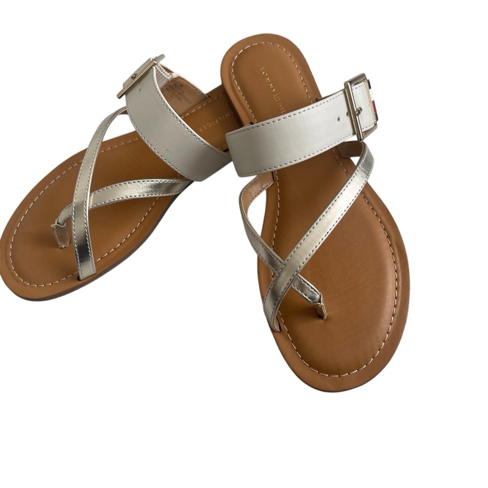 Tommy Hilfiger Metallic Silver and Tan Thong Sandals with Adjustable Ankle Strap